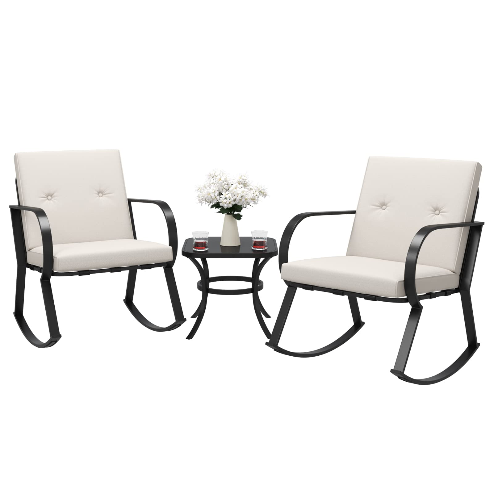 **Flamaker 3-Piece Outdoor Rocking Chair Set – Upgraded Metal Bistro Chairs with Thickened Cushions & Coffee Table – Modern Patio Furniture for Porch, Balcony, Lawn, Garden & Backyard (Beige) – Perfect for Relaxing, Entertaining & Outdoor Dining**