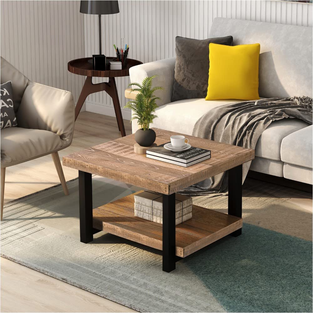 Rustic Natural Wood Coffee Table with Storage Shelf - 26