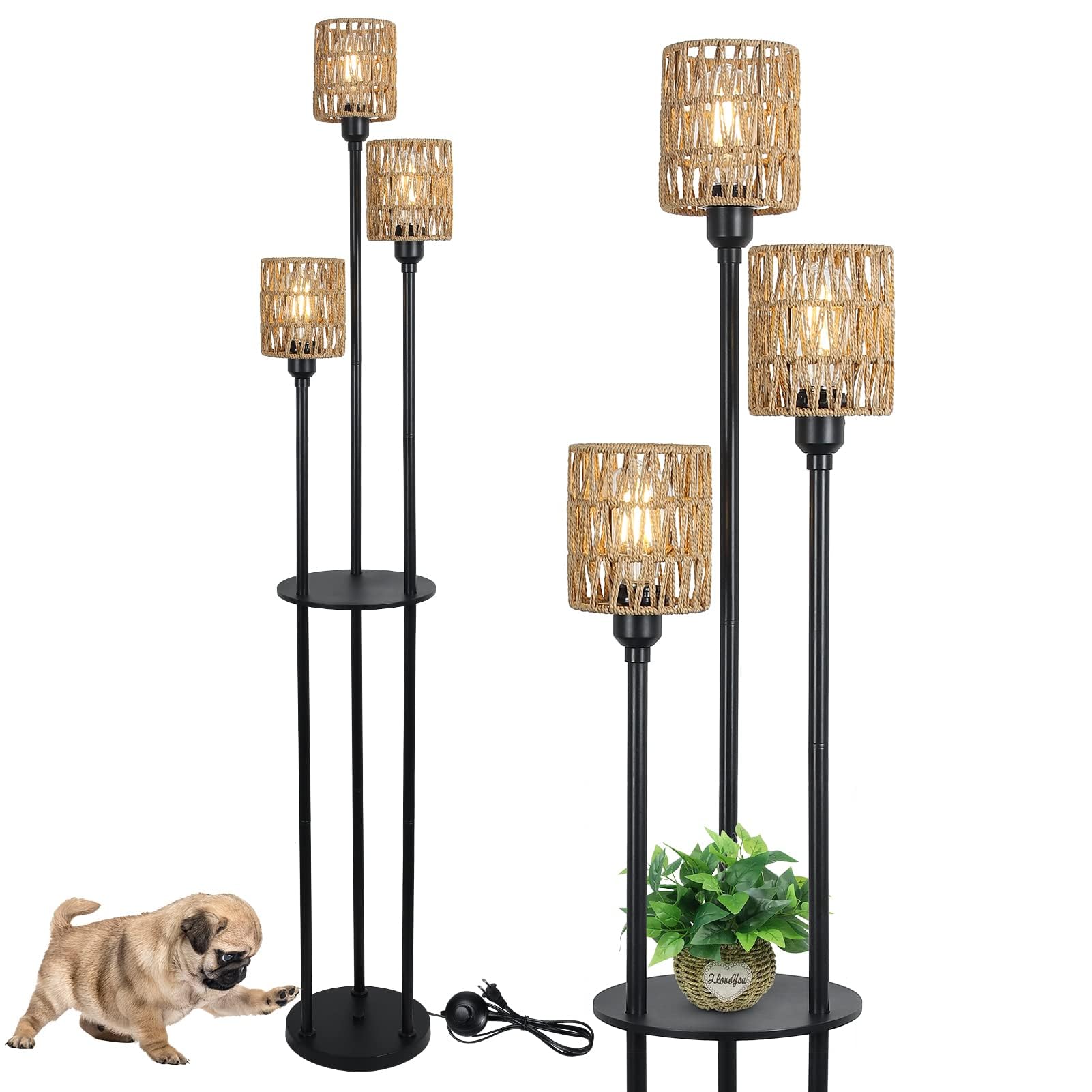 Boho 3-Light Rattan Floor Lamp with Shelves & Table - Rustic Farmhouse Standing Lamp with ON/Off Foot Switch & Rattan Shades - Tall Corner Lamp for Living Room, Bedroom, Office - Perfect for Reading Nook, Cozy Spaces & Farmhouse Decor