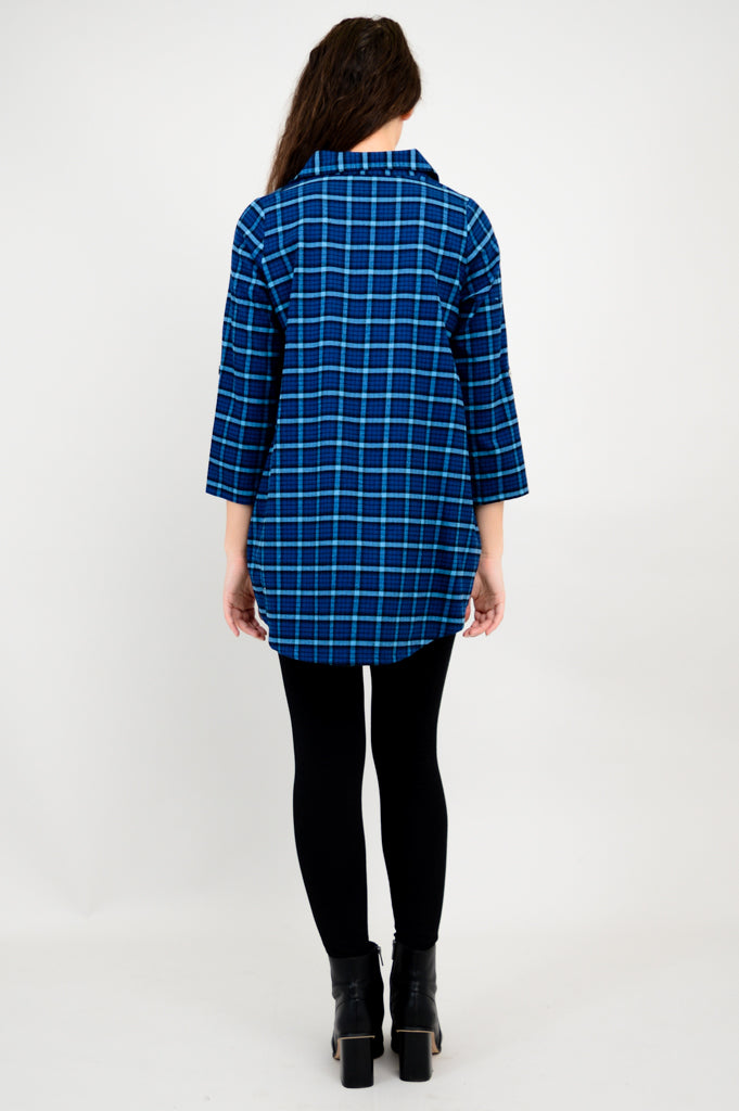 Celine Tunic - Blueberry Plaid Cotton Flannel Shirt for Women | Casual Fall & Winter Fashion | Perfect for Office, Date Night & Weekend Outings