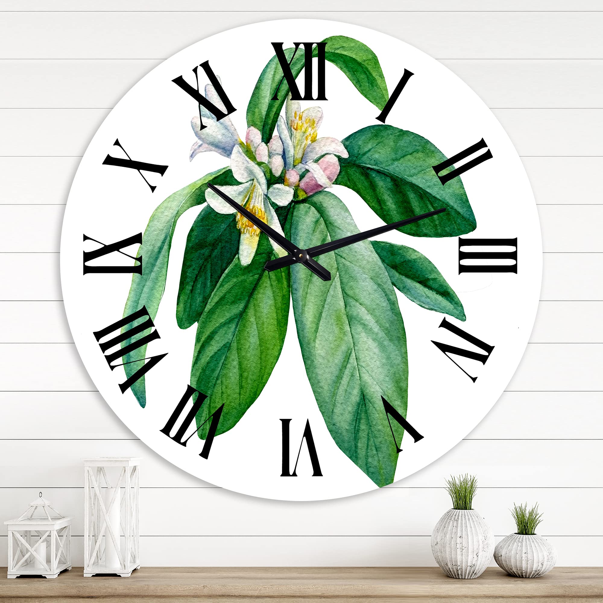 DesignQ Traditional Wall Clock 'Flowering Mandarin Branch' - Large Floral Botanical Wall Clock for Home, Office, Living Room & Bedroom Decor | Perfect for Farmhouse, Vintage & Modern Interior Design