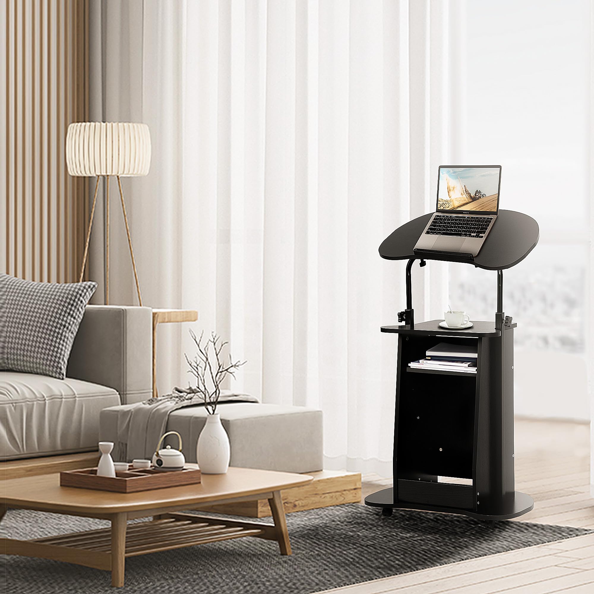 **Height Adjustable Mobile Lectern Podium Stand with Tilting Desktop & Storage Cabinet - Rolling Lectern Cart for Laptop, Classroom, Church & Home Office - Perfect for Presentations, Teaching & Remote Work**