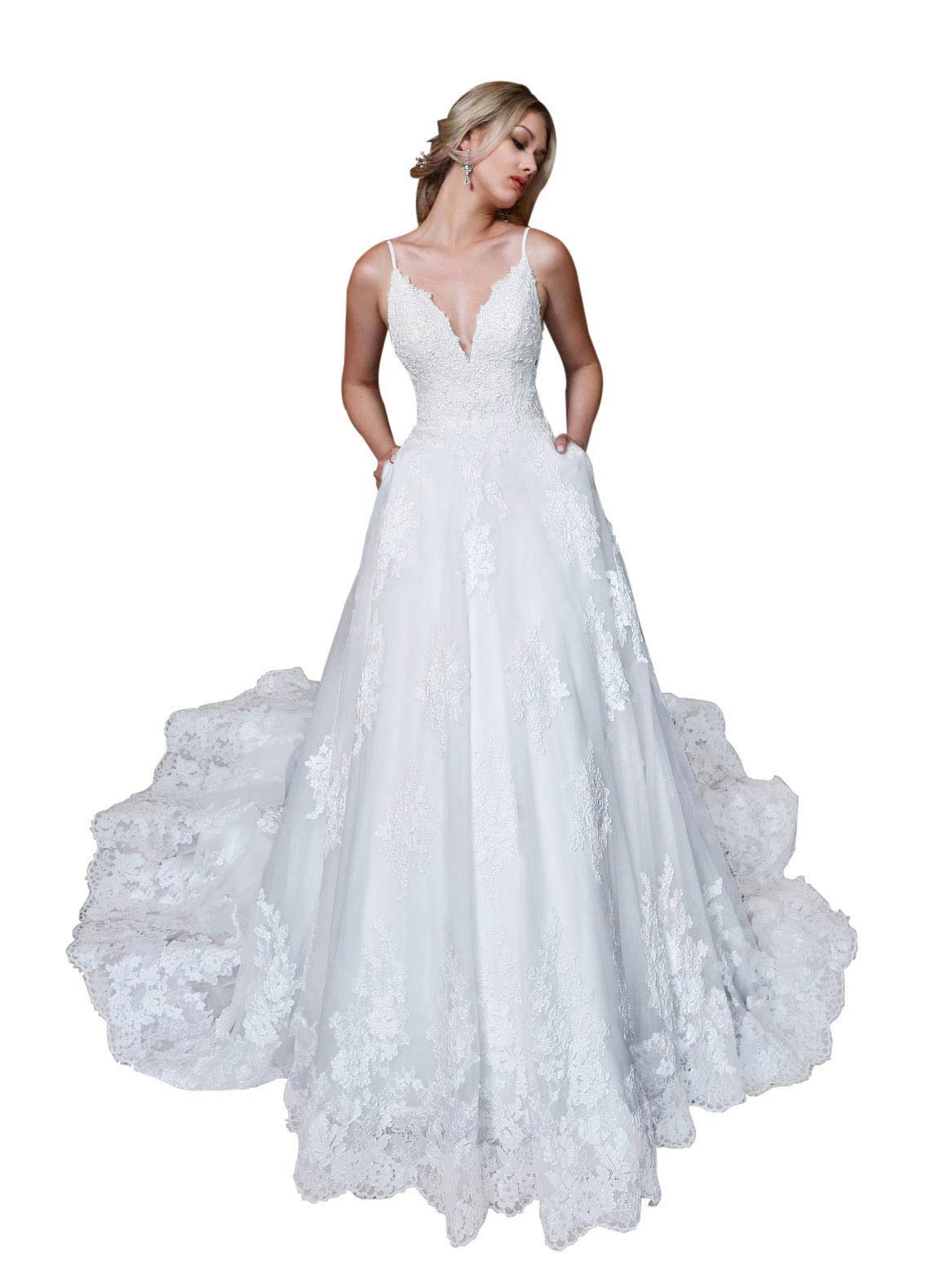 Elegant V-Neck Lace Wedding Dress for Brides - Tulle Open Back Gown with Pockets | Perfect for Beach, Church & Outdoor Ceremonies