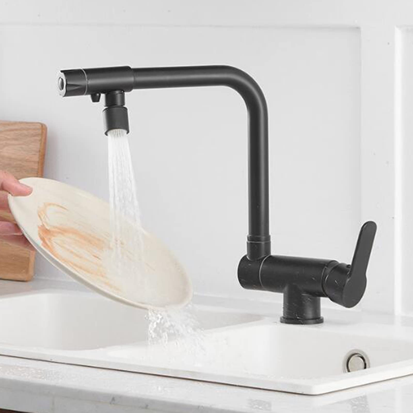 3-Way Black Brass Swivel Kitchen Faucet with Folding Spout - Perfect for Modern Farmhouse, RV, and Commercial Kitchen Sinks