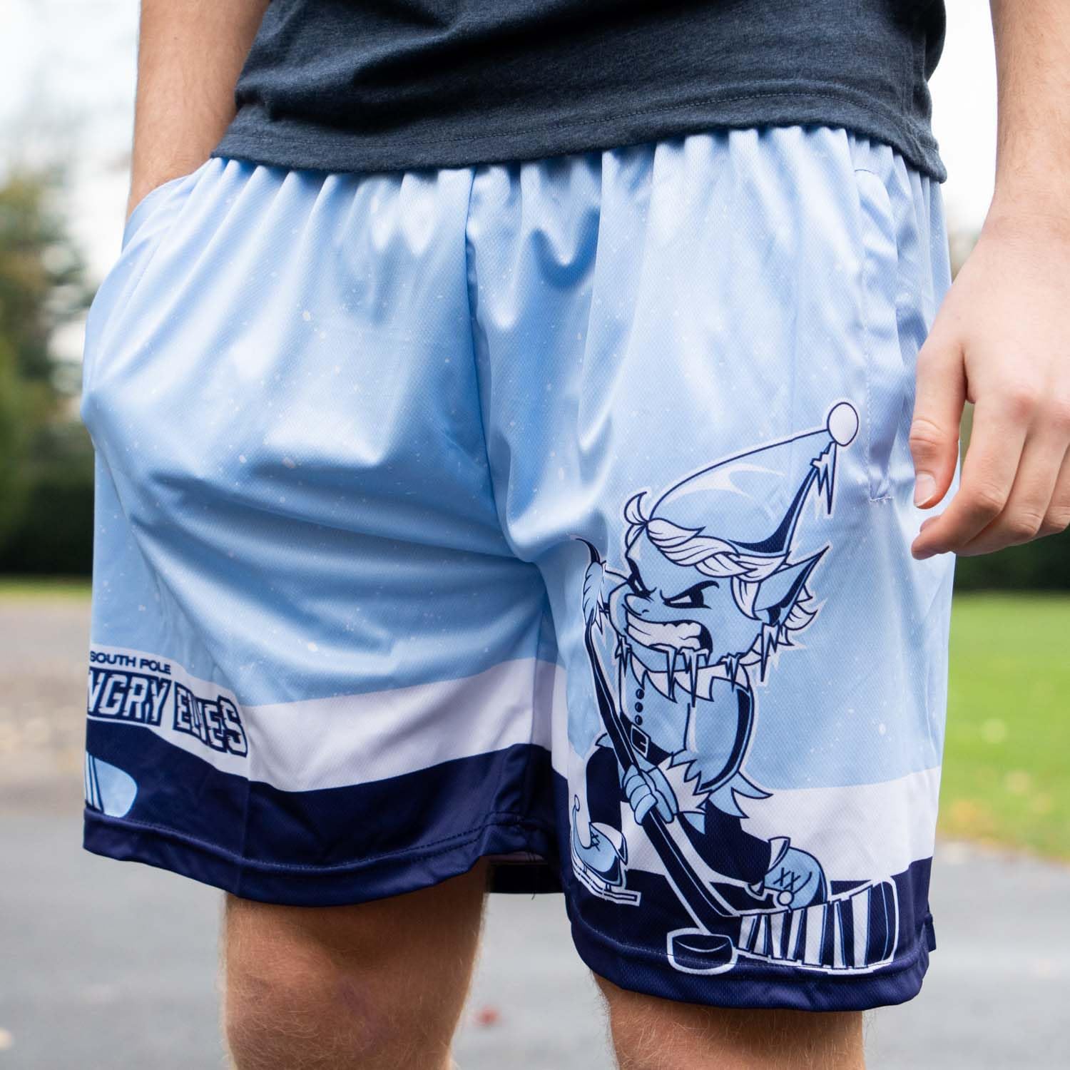 ChalkTalkSPORTS Hockey Performance Shorts for Men & Youth - Breathable Athletic Hockey Shorts for Training & Games | Angry Elves Christmas Hockey Shorts | Perfect for Hockey Practice, Gym Workouts & Casual Wear