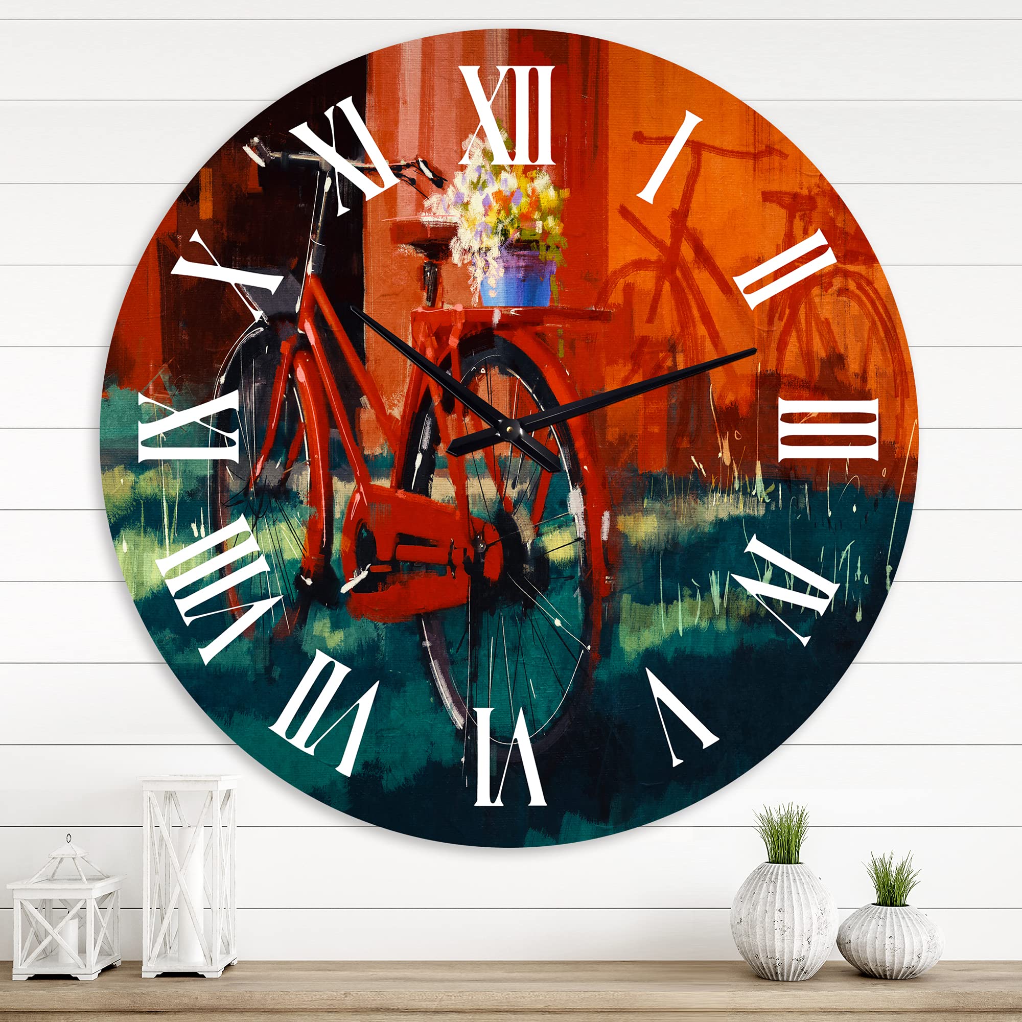 Vintage Red Bicycle with Bucket Wall Clock - Large Retro Transportation Decor for Bedroom, Living Room, Office & Cafe | Silent Non-Ticking Home Decoration