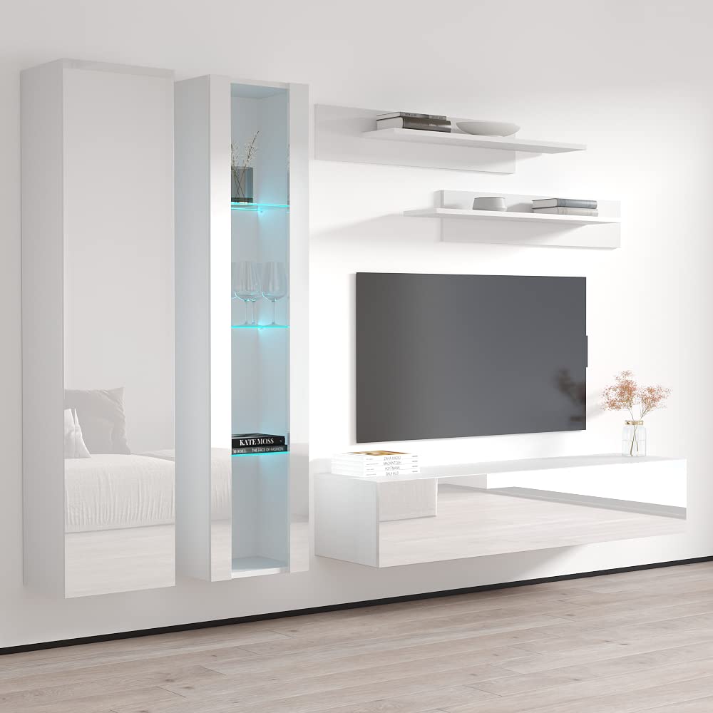 Modern Floating TV Stand with Storage & LED Lights - Wall-Mounted Entertainment Center for Bedroom & Living Room - White A4 30TV Console with Shelves - Perfect for Small Spaces & Home Theater Setup