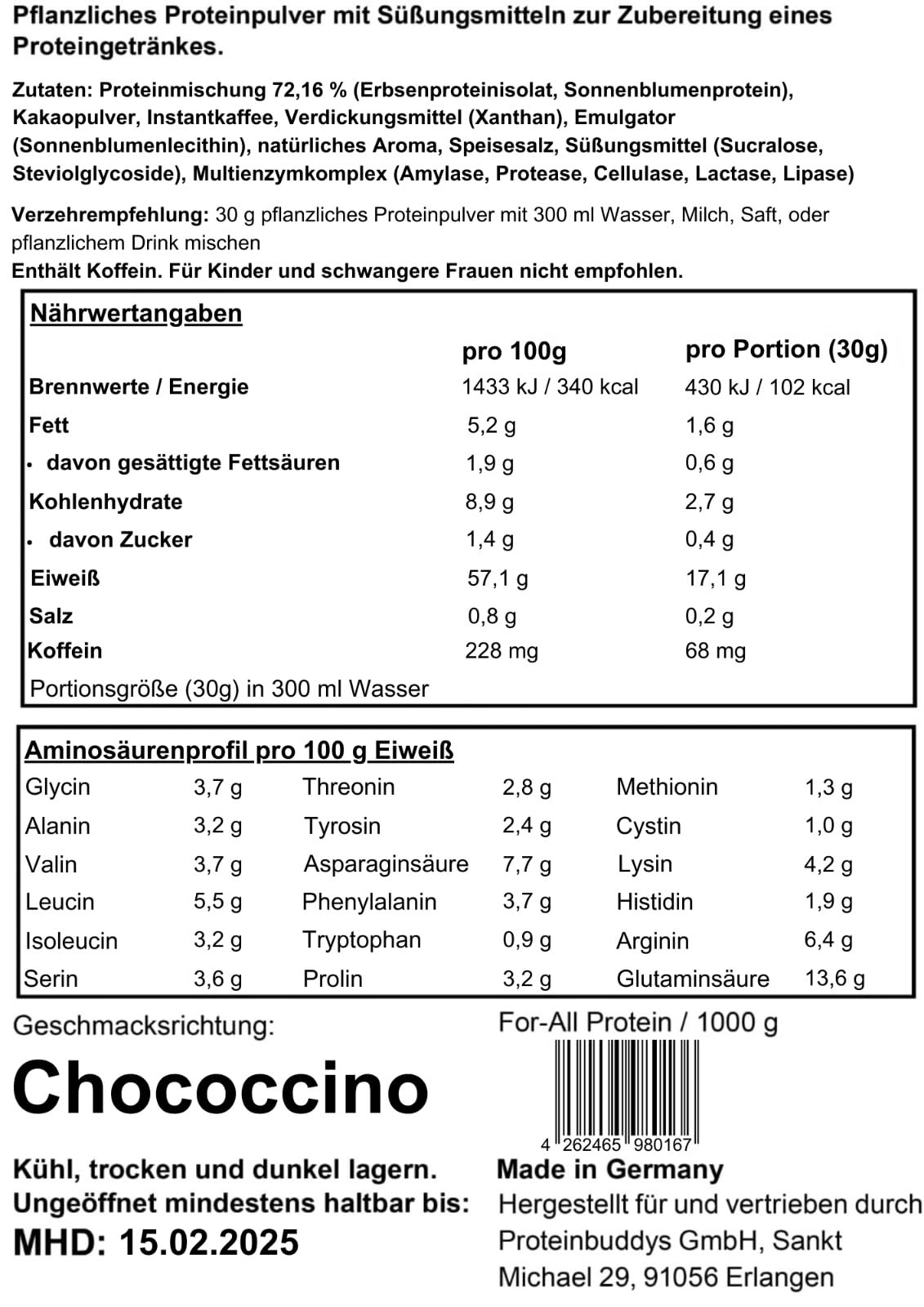 Organic Vegan Protein Powder 1kg - Chocolate Flavor, Plant-Based Protein Shake Mix for Muscle Recovery & Weight Loss, Gluten-Free & Non-GMO, Made in Germany - Perfect for Post-Workout Smoothies & Healthy Breakfasts