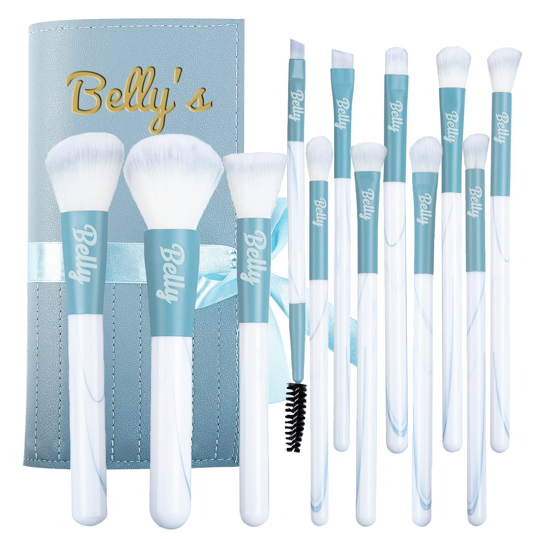 Flycalf 12-Piece Professional Makeup Brush Set - Soft Velvet Cosmetic Brushes for Foundation, Powder, Concealer & Eyeshadow (Blue & White Handle) - Perfect Travel Makeup Kit for Everyday Beauty Routine & Professional Makeup Application