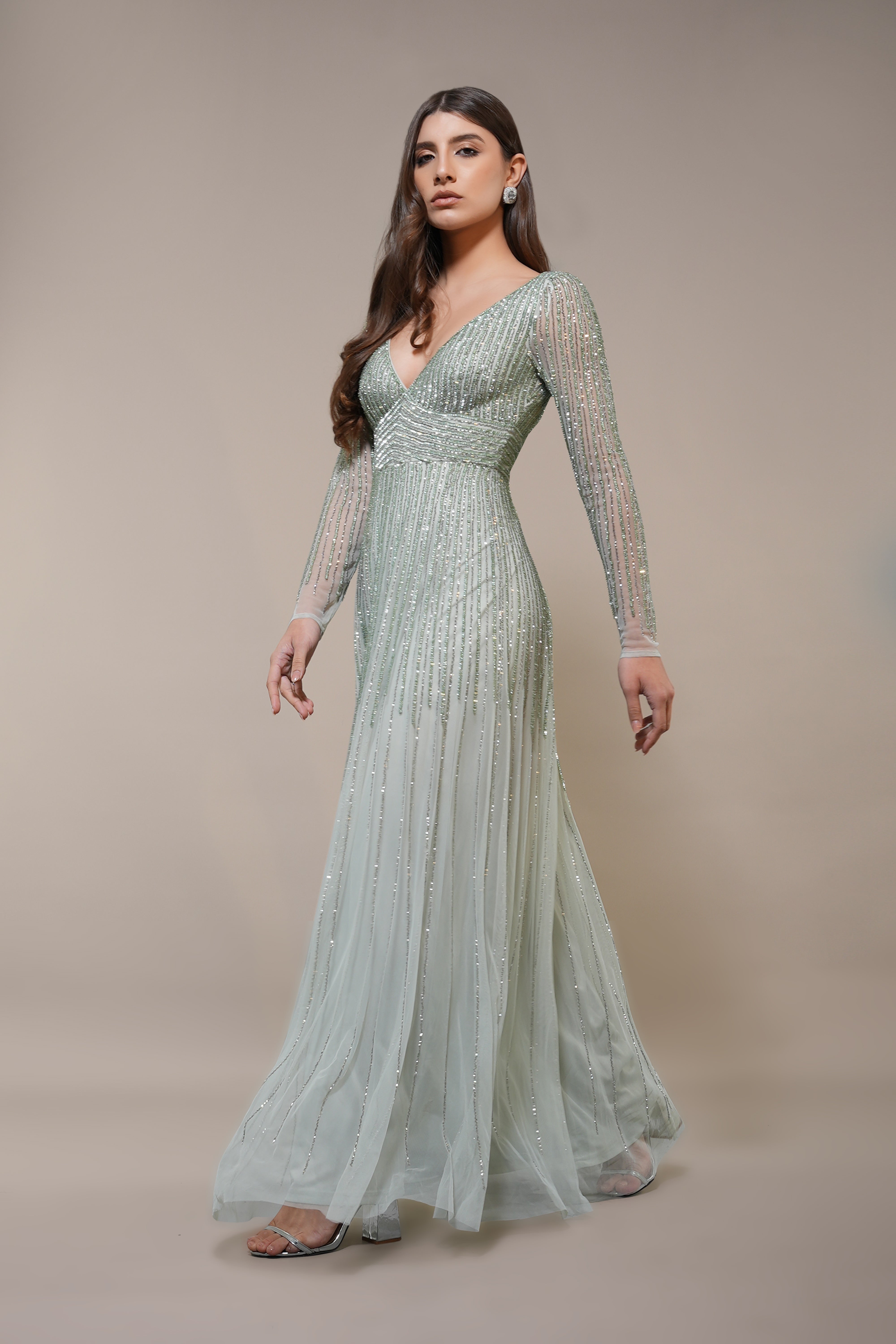 Laura Embellished Maxi Dress in Sage Green - Elegant Floral Lace Evening Gown for Women, Perfect for Weddings, Parties & Special Occasions