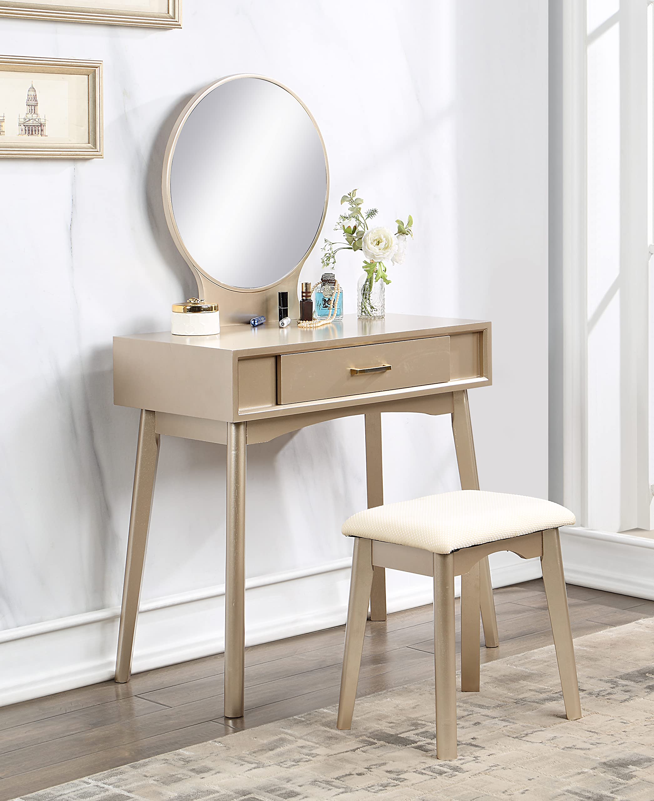 Roundhill Furniture Maly Contemporary Wood Vanity and Stool Set with Mirror in Gold - Perfect for Bedroom, Bathroom & Dressing Room Makeup Vanity Set