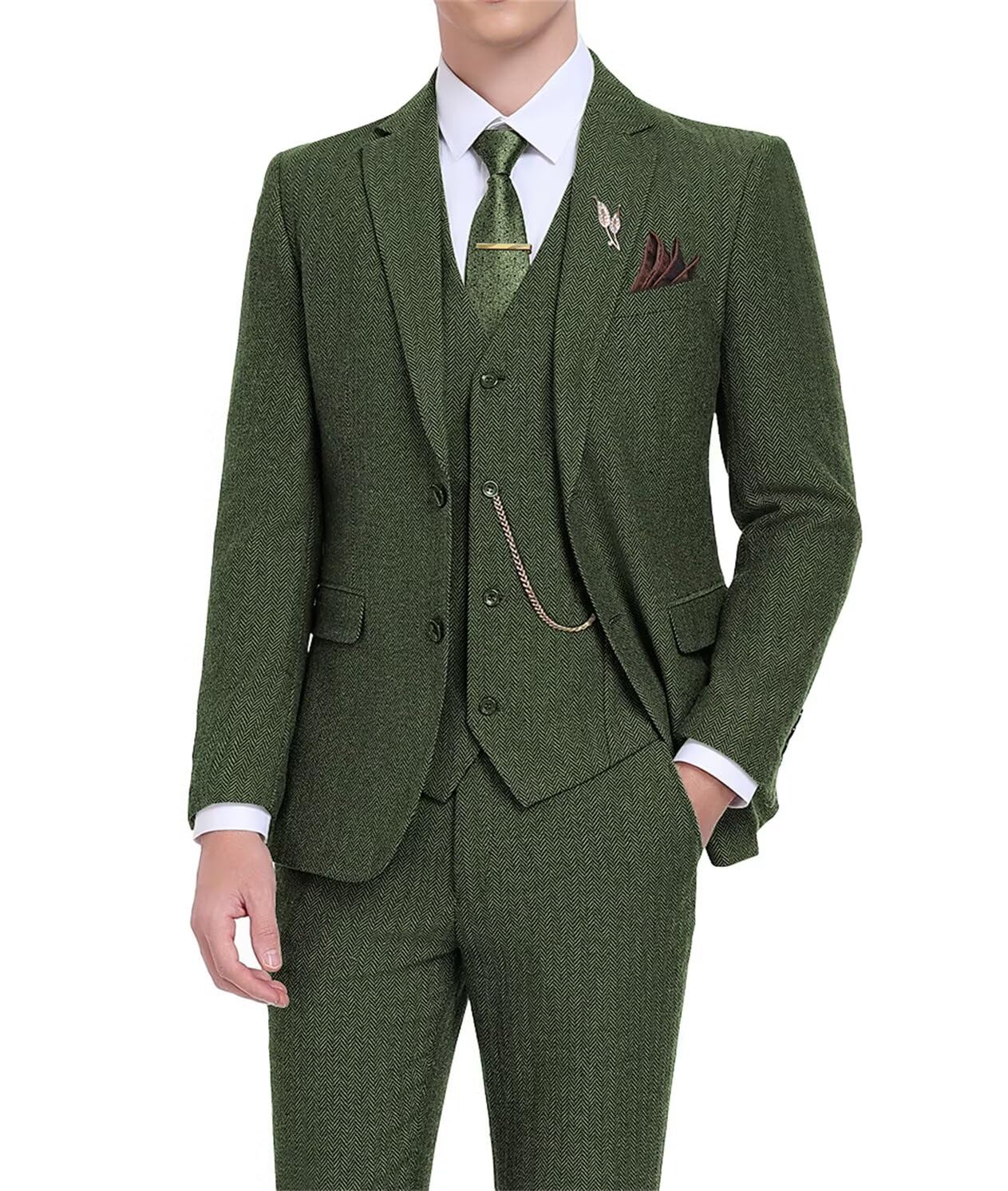 Vintage Herringbone Tweed 3-Piece Slim Fit Men's Suit Set - Wedding, Prom, Groom Tuxedo with Blazer Jacket, Vest & Pants | Formal Occasions, Business Events & Special Celebrations