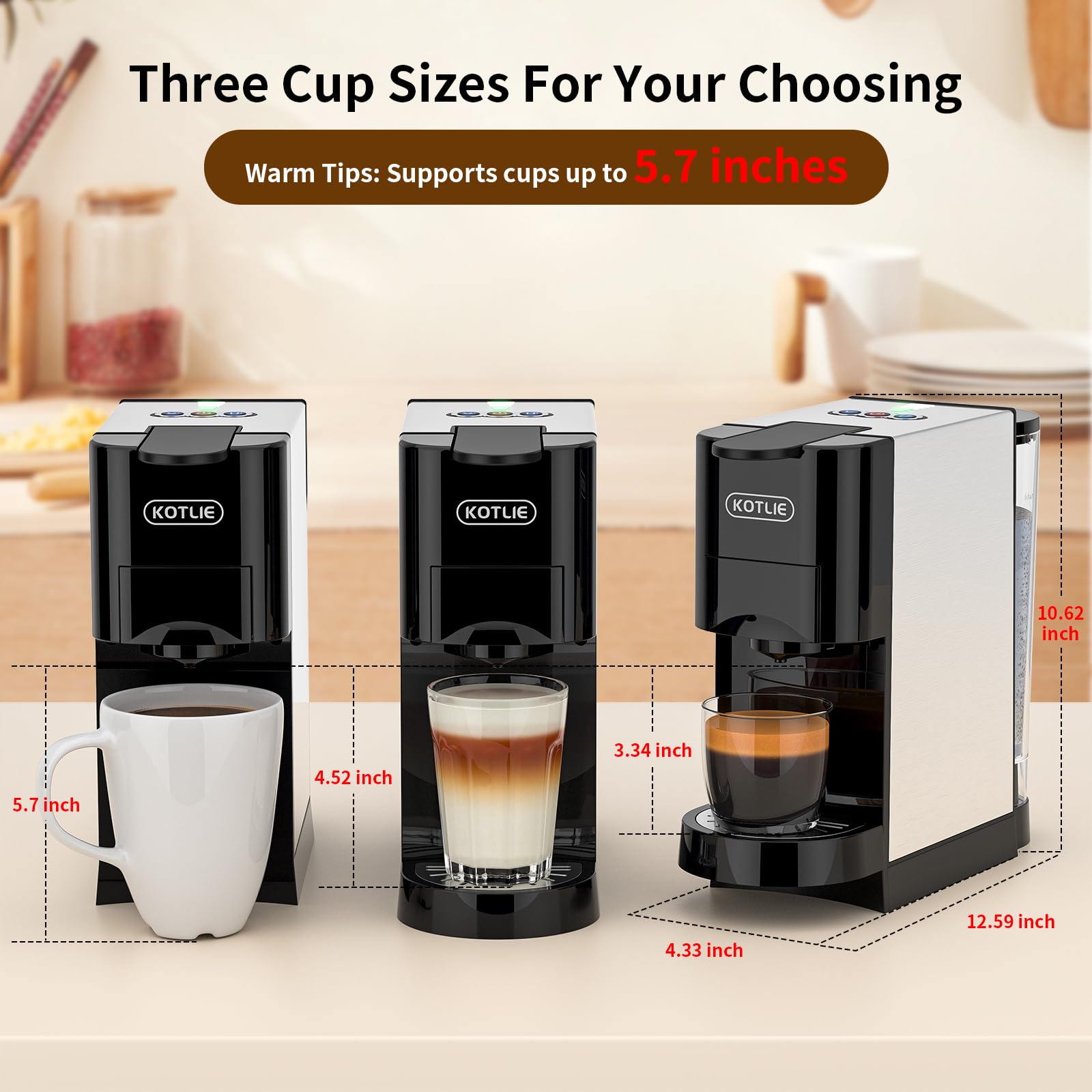 KOTLIE 19Bar Single Serve Coffee Maker - 5-in-1 Espresso Machine Compatible with Keurig K-Cups, Nespresso Original, Dolce Gusto, Ground Coffee & 44mm ESE Pods - 7 Water Levels - Hot & Cold Brew Coffee Machine for Home, Office or Dorm Use