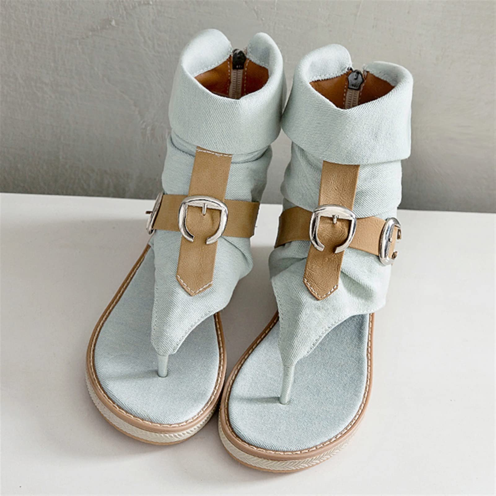 Women's Fashionable Flat Ankle Boots - Comfortable Outdoor Beach Shoes with Metal Decorative Clasp, Plus Size Sandals (Beige, Size 6) | Perfect for Summer Vacations, Beach Walks & Casual Outings
