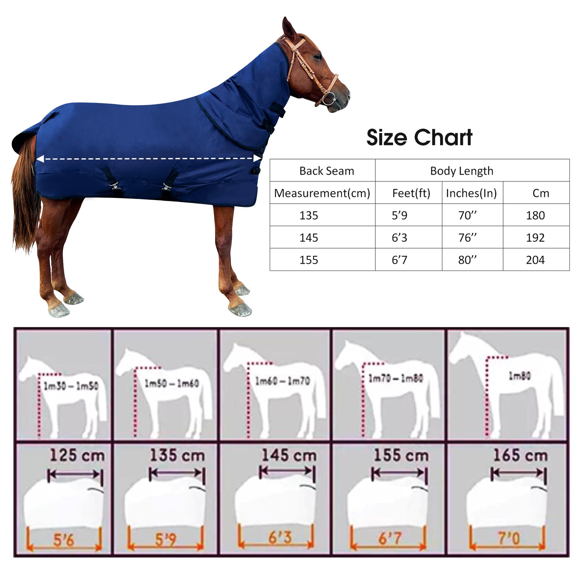 Premium 1200D Winter Waterproof Horse Blanket - Detachable Neck Cover, 220g Warm Cotton Filling for Cold Weather | Mid-Weight Equestrian Horseware | Ideal for Stables, Trail Riding & Winter Shows (Blue, 78 Inches)