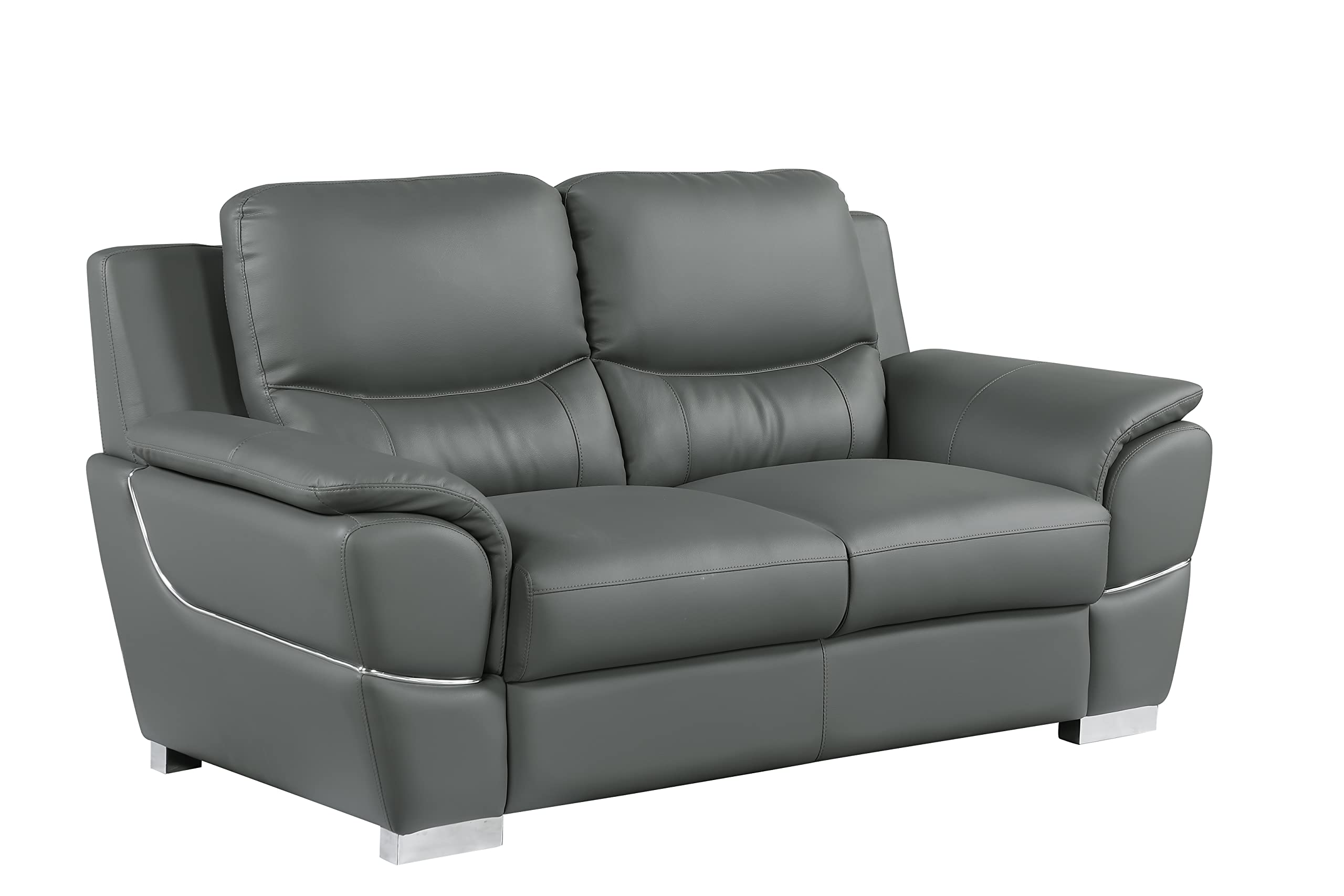 Binion Modern Genuine Leather Loveseat - 1-Piece Upholstered Sofa with Padded Headrest, Wide Arms & Chrome Accents for Living Room - Elegant Gray Leather Couch for Small Spaces, Apartments & Cozy Home Decor