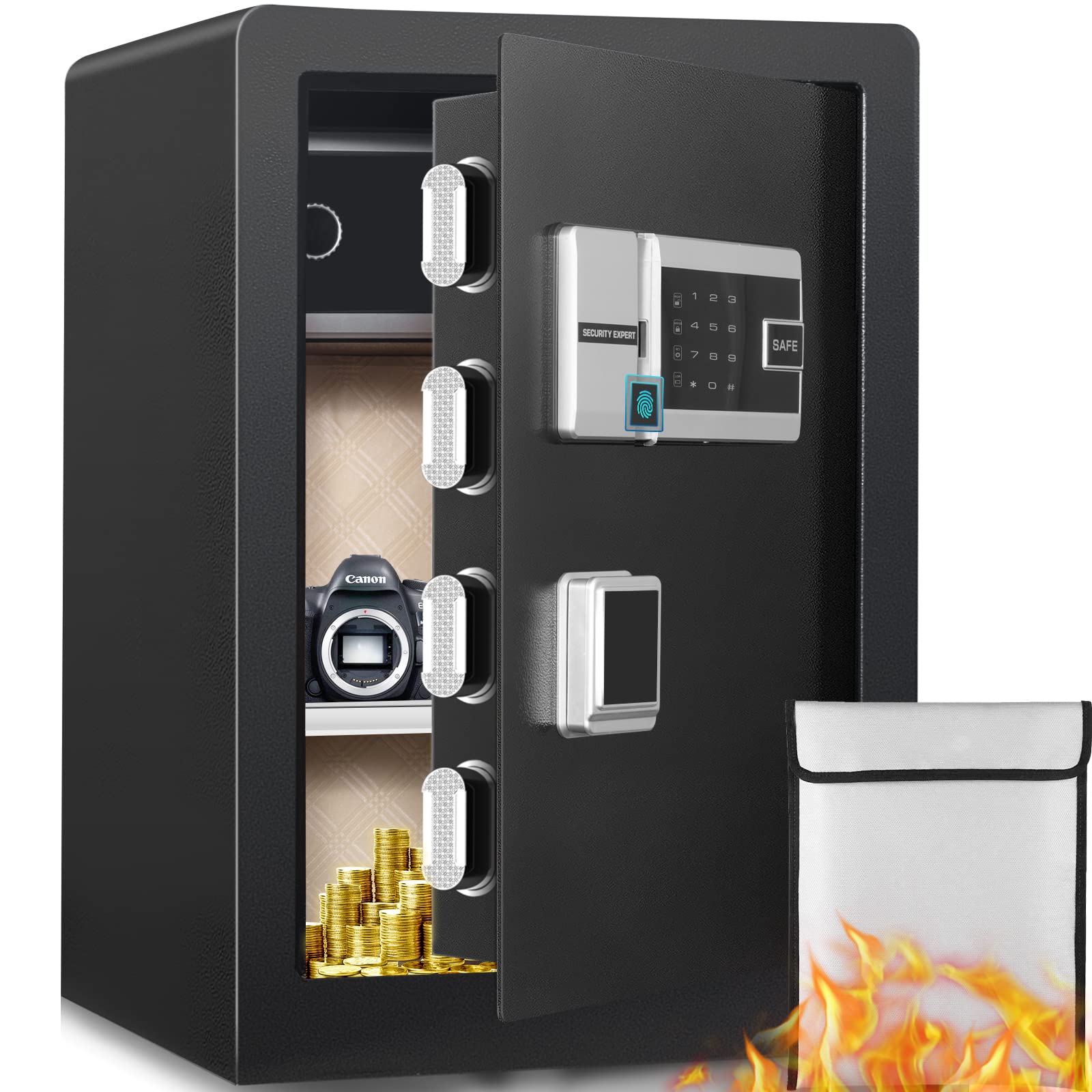 Biometric Fingerprint Safe Box - 2.6 Cubic Feet Fireproof Security Cabinet with Smart Alarm, Voice Broadcast & Programmable Keypad - Ideal for Home, Office, Hotel & Cash Storage (Fireproof Money Bag Included)