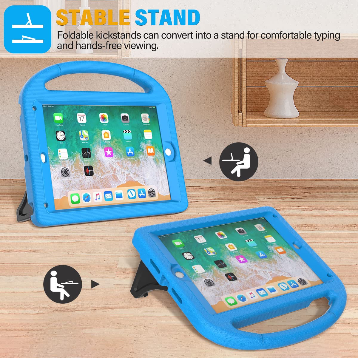 SUPLIK Kids Protective Case for iPad 5th/6th Generation (9.7 inch, 2017/2018), iPad Air 2/1 & iPad Pro 9.7 - Shockproof Cover with Built-in Screen Protector & Handle Stand - Blue - Perfect for School, Travel & Home Learning