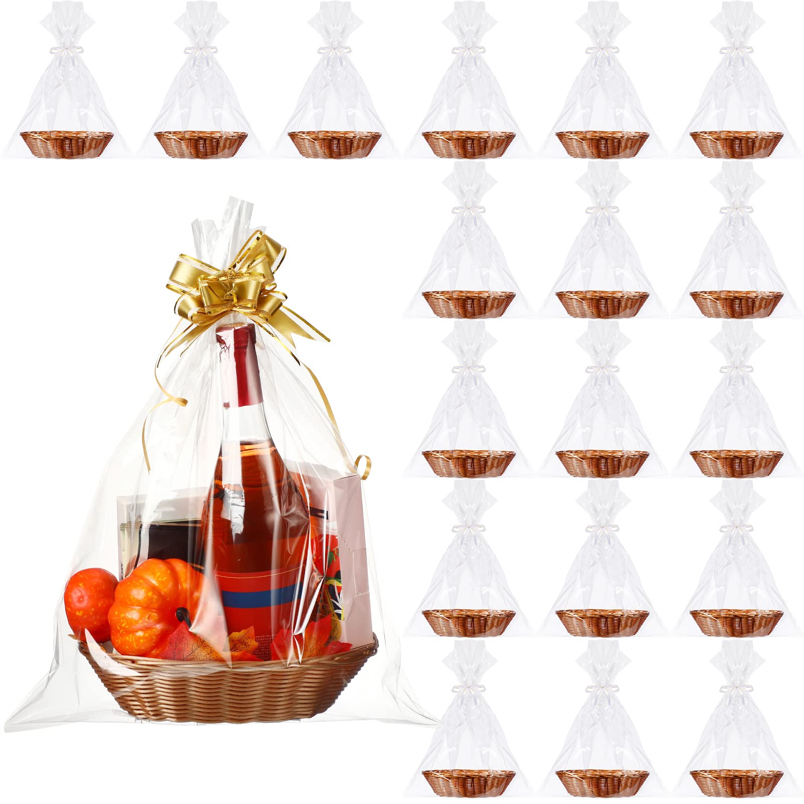 Chengu 18-Piece Plastic Storage Basket Set - Oval Woven Gift Baskets with 20 Clear Bags for Food Serving, Display & Organization | Perfect for Thanksgiving, Party Favors, Home Decor & Kitchen Storage
