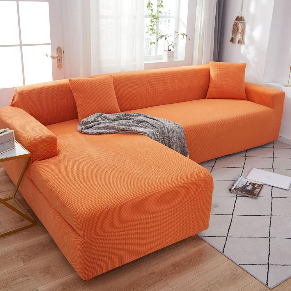 Stretch Jacquard L-Shaped Sofa Slipcover - Non-Slip Sectional Couch Cover for 4-Seater Sofas (235-300cm/92-118in) - Orange | Perfect for Living Room, Family Room & Home Decor Protection