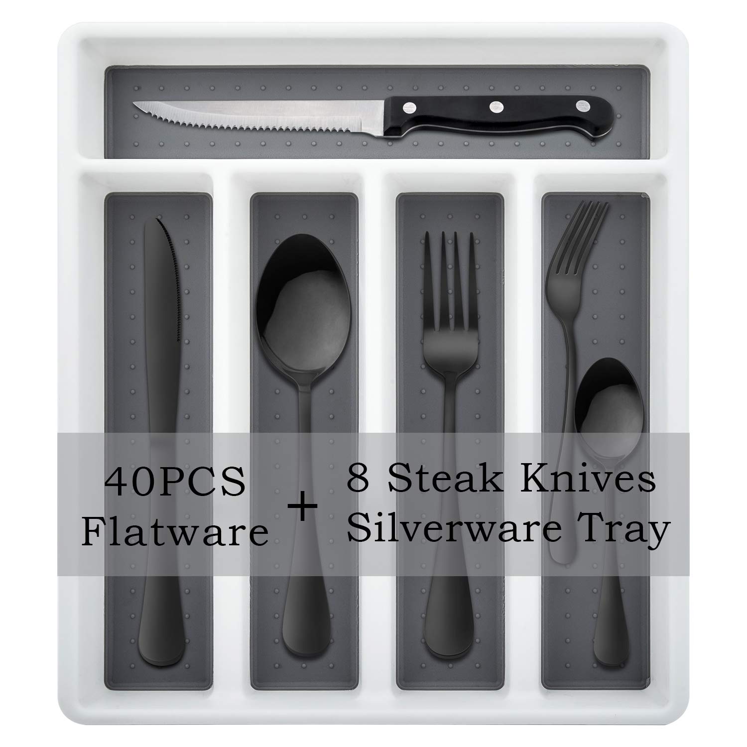 HaWare 49-Piece Stainless Steel Flatware Set with 8 Steak Knives & Drawer Organizer - Mirror Polished Black Silverware for 8 Place Settings - Dishwasher Safe Modern Cutlery Set - Perfect for Dinner Parties, Restaurants & Everyday Dining