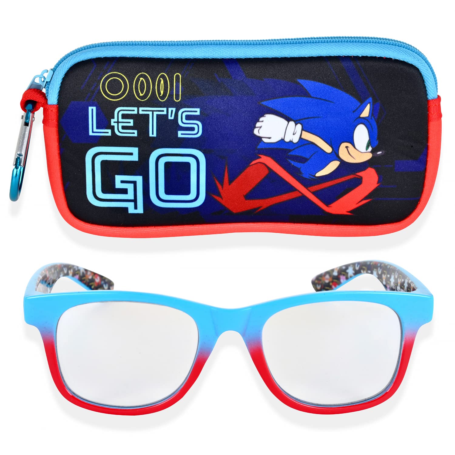 Sonic The Hedgehog Blue Light Blocking Glasses for Kids - Anti Eyestrain Computer Gaming Glasses for Boys & Girls with Protective Case (Blue/Red) - Perfect for Online Classes, Video Games & Screen Time Protection