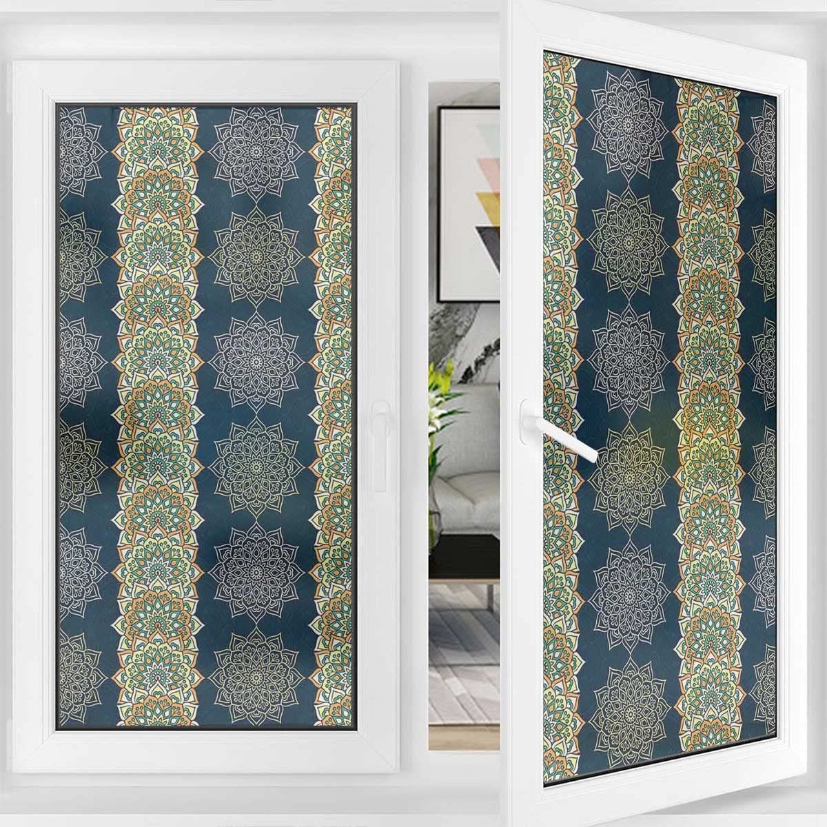 Bohemian Moroccan Window Tinting Film - Self-Adhesive Privacy Window Film for Home & Office - Decorative Glass Sticker with Ethnic Patterns - Perfect for Living Rooms, Bedrooms & Office Windows