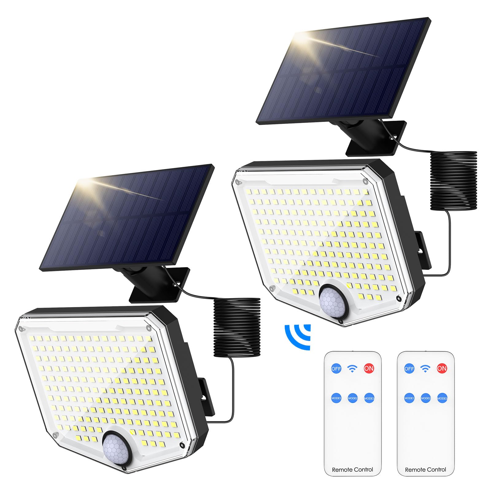 MoKo 222 LED Solar Motion Sensor Outdoor Lights - Super Bright Waterproof Flood Lights with Remote Control & 16.4 Ft Cable (3000mAh Battery) for Wall, Patio, Yard, Garage, Garden - 2 Pack - Perfect for Security Lighting and Landscape Illumination