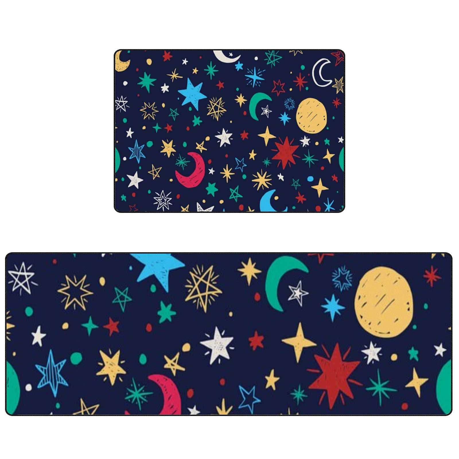 Hand-Drawn Stars & Moons Doodle Non-Slip Kitchen Rugs (2-Piece Set) - Anti-Fatigue Cushioned Water Absorbent Foam Floor Mats 17.7