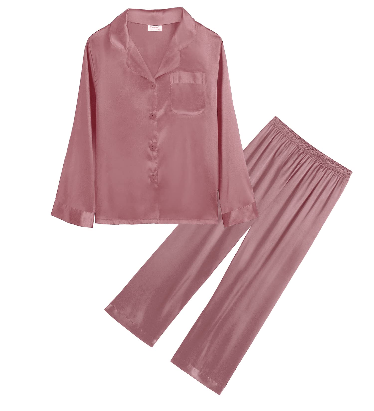 SWOMOG Kids Silk Satin Pajama Set for Girls & Boys - Button Down 2-Piece Sleepwear with Long Sleeves - Soft & Comfortable White Pajamas for Sleeping, Lounging & Family Matching Outfits