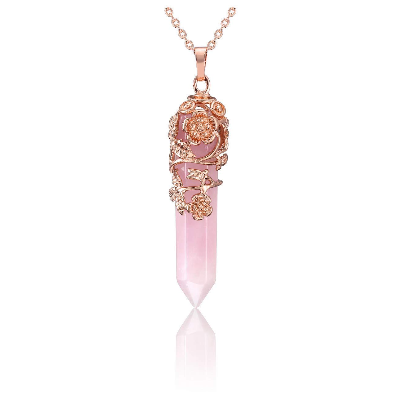 Jovivi 2-Piece Crystal Necklace Set - Rose Gold Plated Rose Flower Wrapped Natural Rose Quartz & Titanium Coated Rainbow Rock Quartz Chakra Necklaces for Healing, Energy Balancing & Spiritual Wellness | Perfect for Meditation, Yoga, Reiki & Gift Giving