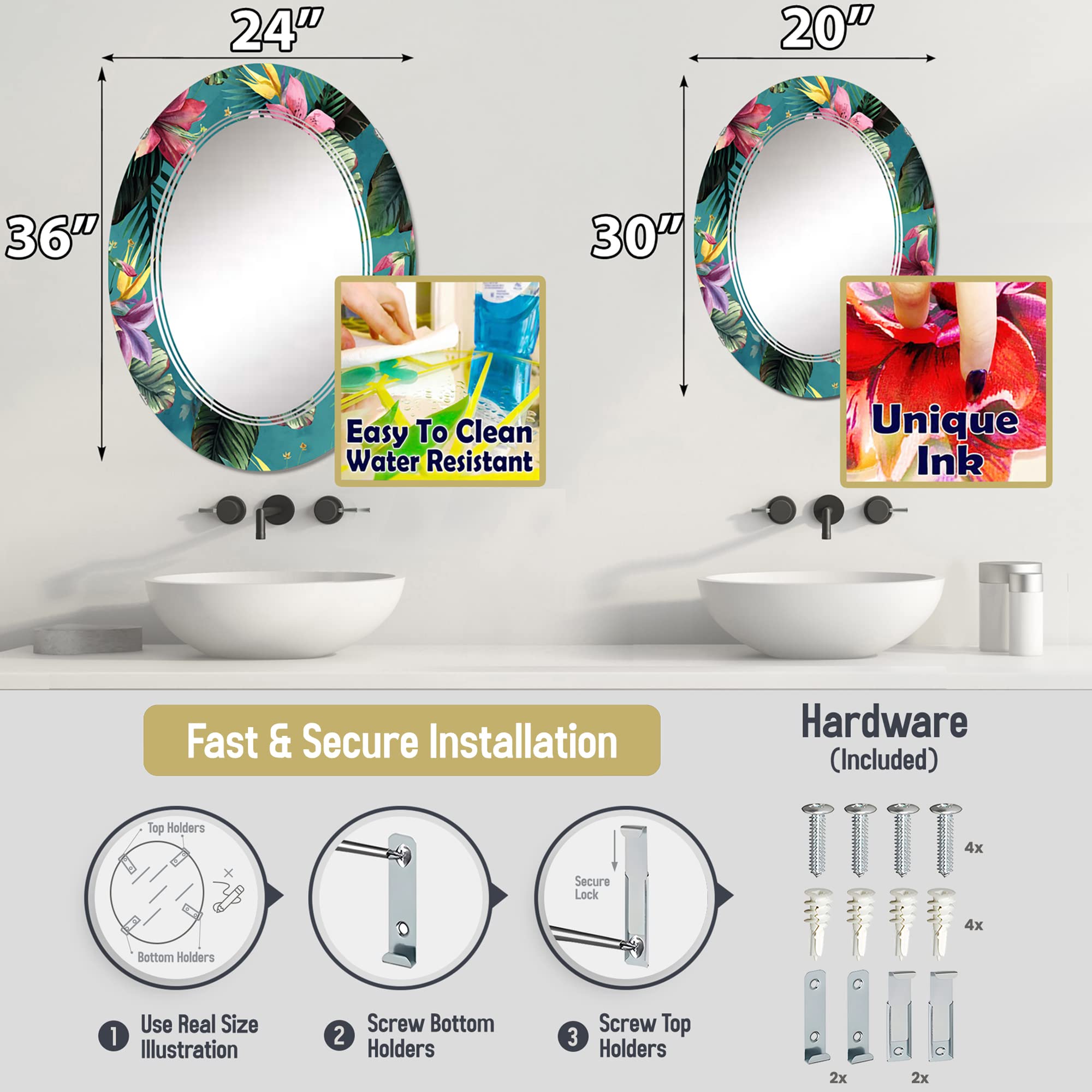 DesignQ Abstract Marble Wall Mirror - 24 Inch Oval & Round Modern Bathroom Vanity Mirror with Golden Azure Geode Marble Print - Elegant Home Decor for Bathroom, Bedroom & Living Room