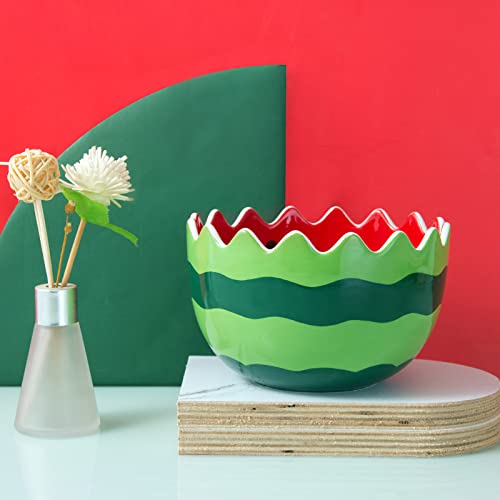 123Arts Hand-Painted Ceramic Watermelon Salad Bowl - 6.4 Inch Multifunctional Serving Dish for Noodles, Soup, Dessert & Fruit | Perfect for Kitchen, Dining & Party Entertaining