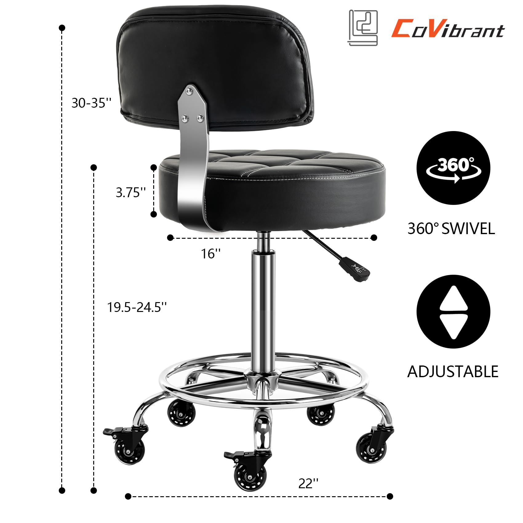 Ergonomic Lockable Rolling Stool with Backrest & Footrest - Adjustable Hydraulic Height (19.5''-24.5'') for Doctors, Estheticians, Artists - Perfect for Home Office, Salon & Medical Clinic (Black)