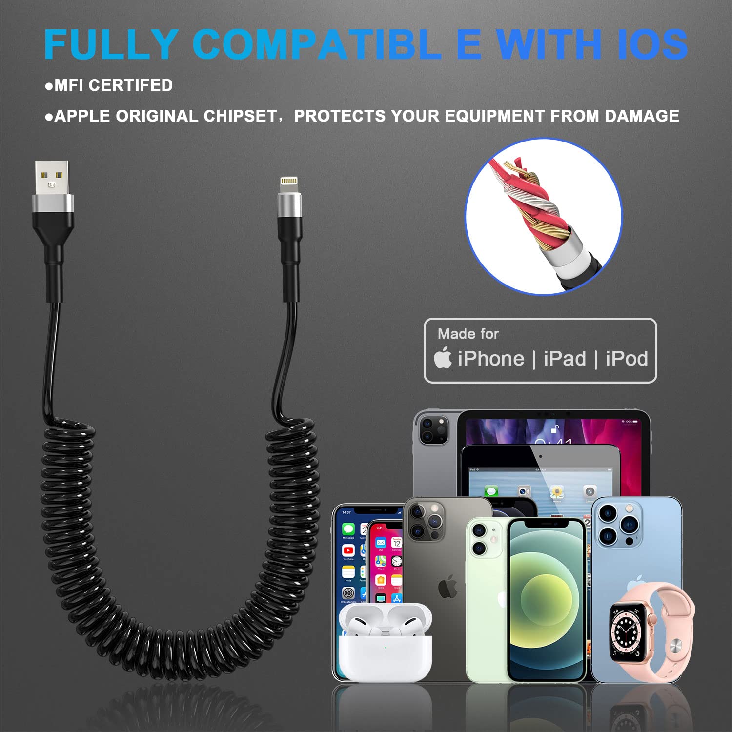 2 Pack MFi Certified Coiled iPhone Lightning Cable - Short Durable Charging Cord for Apple CarPlay, Fast Charging & Data Sync with LED Indicator - Perfect for Car, Home & Office Use
