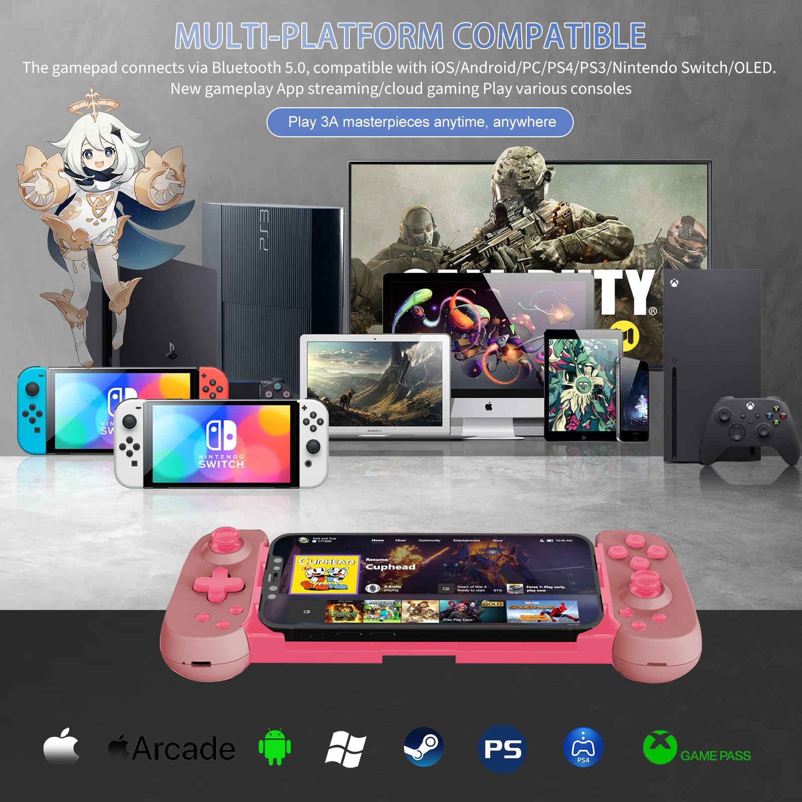 Wireless Gaming Controller for iPhone Android PC Switch - Play COD Genshin Diablo on PS5 PS4 Xbox - Cloud Gaming Joystick with Turbo 6-Axis Gyro & Dual Motors (Pink) - Perfect for Mobile Console & Streaming Gameplay