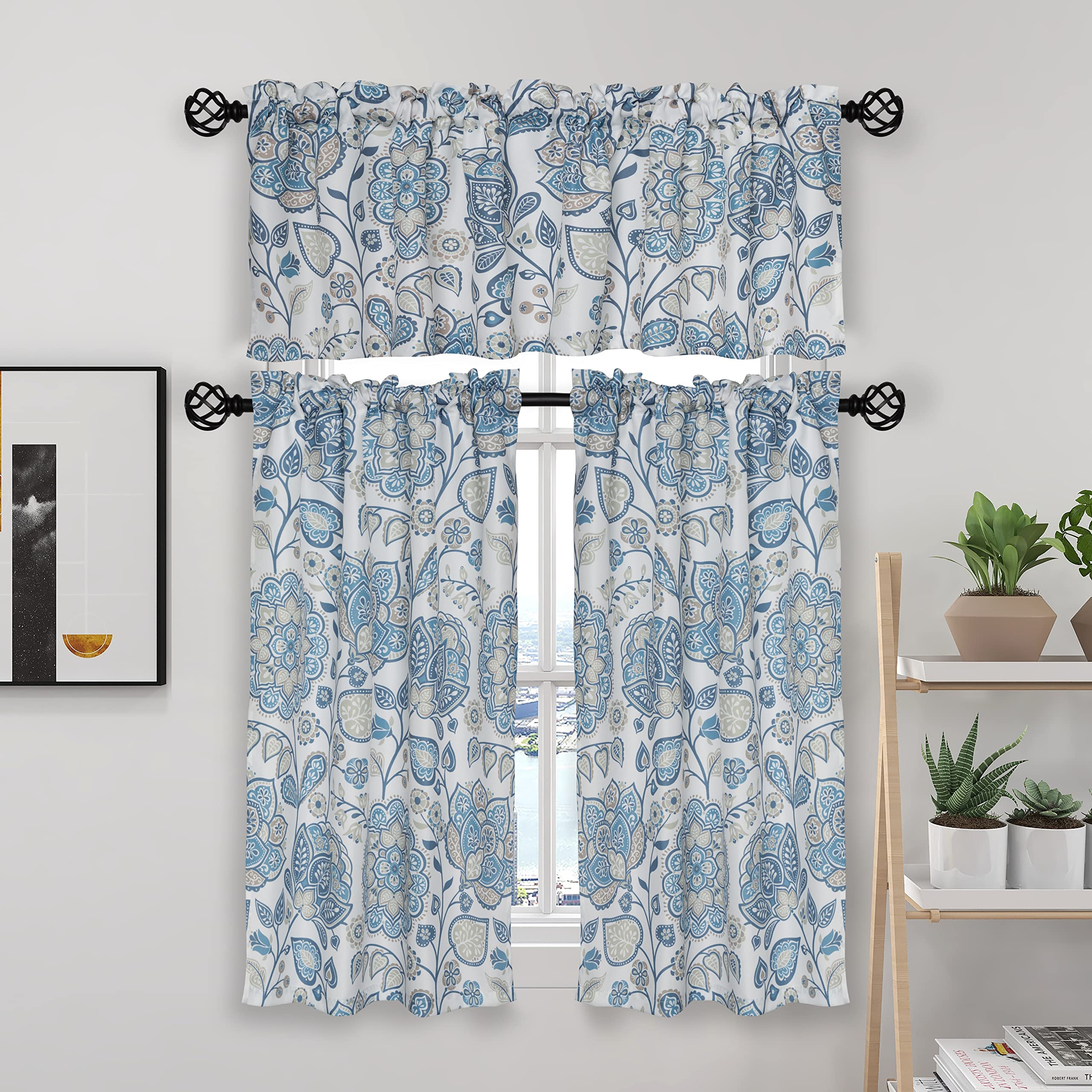 Floral Kitchen Curtains and Valances Set - Farmhouse Style Window Treatment for Kitchen, Dining Room & Cafe - Light Filtering & Privacy Sheer Curtain Panels with Valance (Set of 2) - Perfect for Country Cottage, French Country or Rustic Home Decor