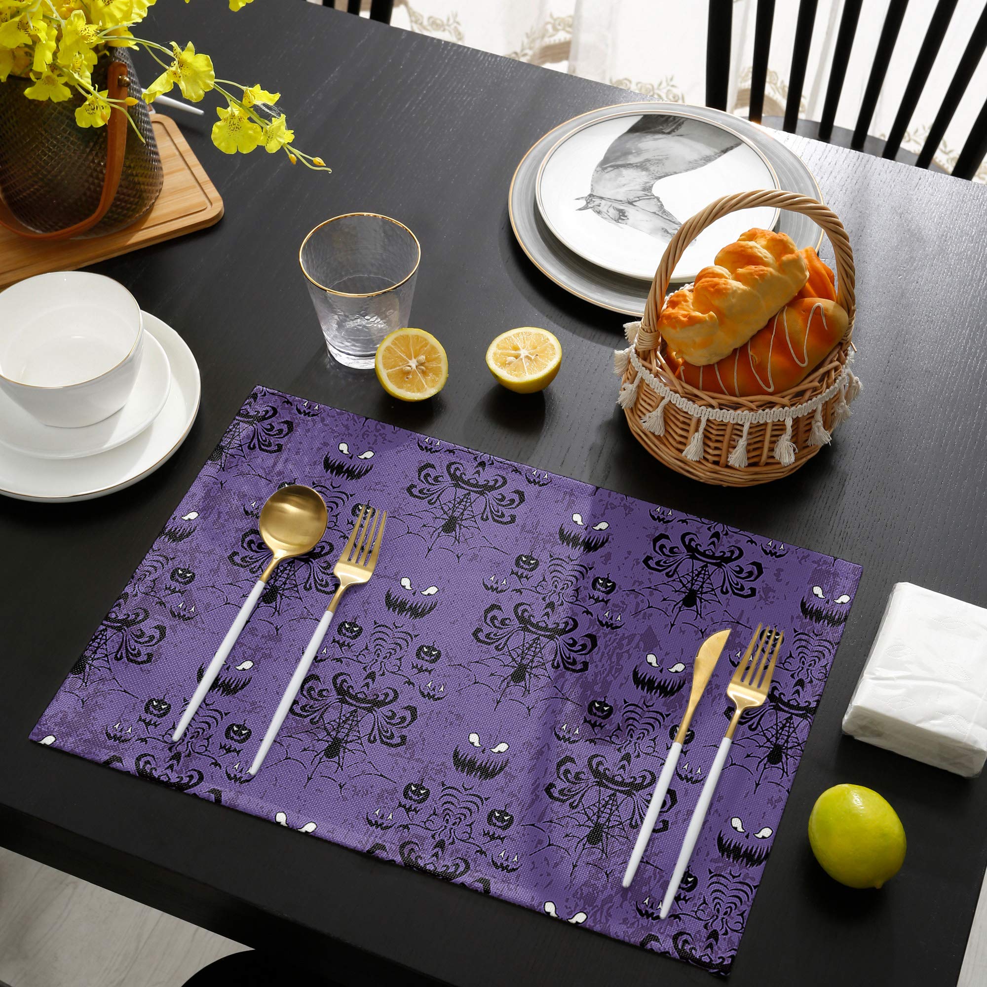Halloween Placemats Set of 6 - Waterproof Cloth Table Mats for Dining, Cotton Linen Fabric Placemats in Purple - Haunted House Ghost & Spiderweb Design - Perfect for Scary Movie Nights, Halloween Parties & Spooky Dinner Decor