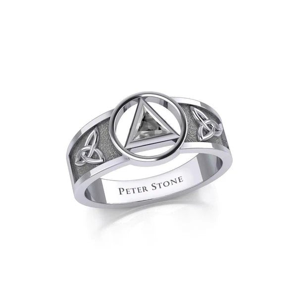 Celtic Trinity Knot Sterling Silver Ring with Inlaid Recovery Symbol - Elegant Irish Jewelry for Women, Men - Perfect for Weddings, Anniversaries & Spiritual Healing