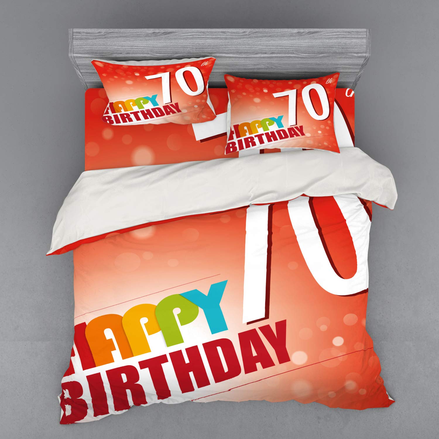 Ambesonne 70th Birthday Duvet Cover Set - Vibrant Abstract Party Design with Happy Birthday Print, 4-Piece King Size Bedding Set Includes Shams & Fitted Sheet in Red & Orange - Perfect for Birthday Celebrations & Guest Room Decor