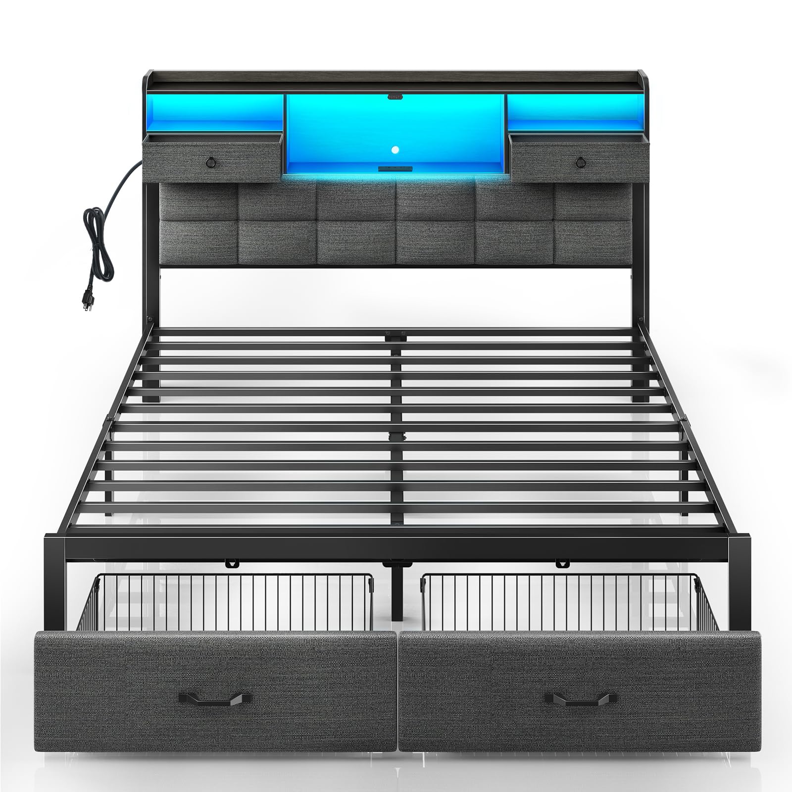 Rolanstar Queen Size Upholstered Platform Bed Frame with Storage Drawers, USB Charging Station & LED Headboard - Heavy Duty Metal Frame, No Box Spring Needed, Noise Free, Grey - Perfect for Modern Bedrooms, Guest Rooms & Small Spaces