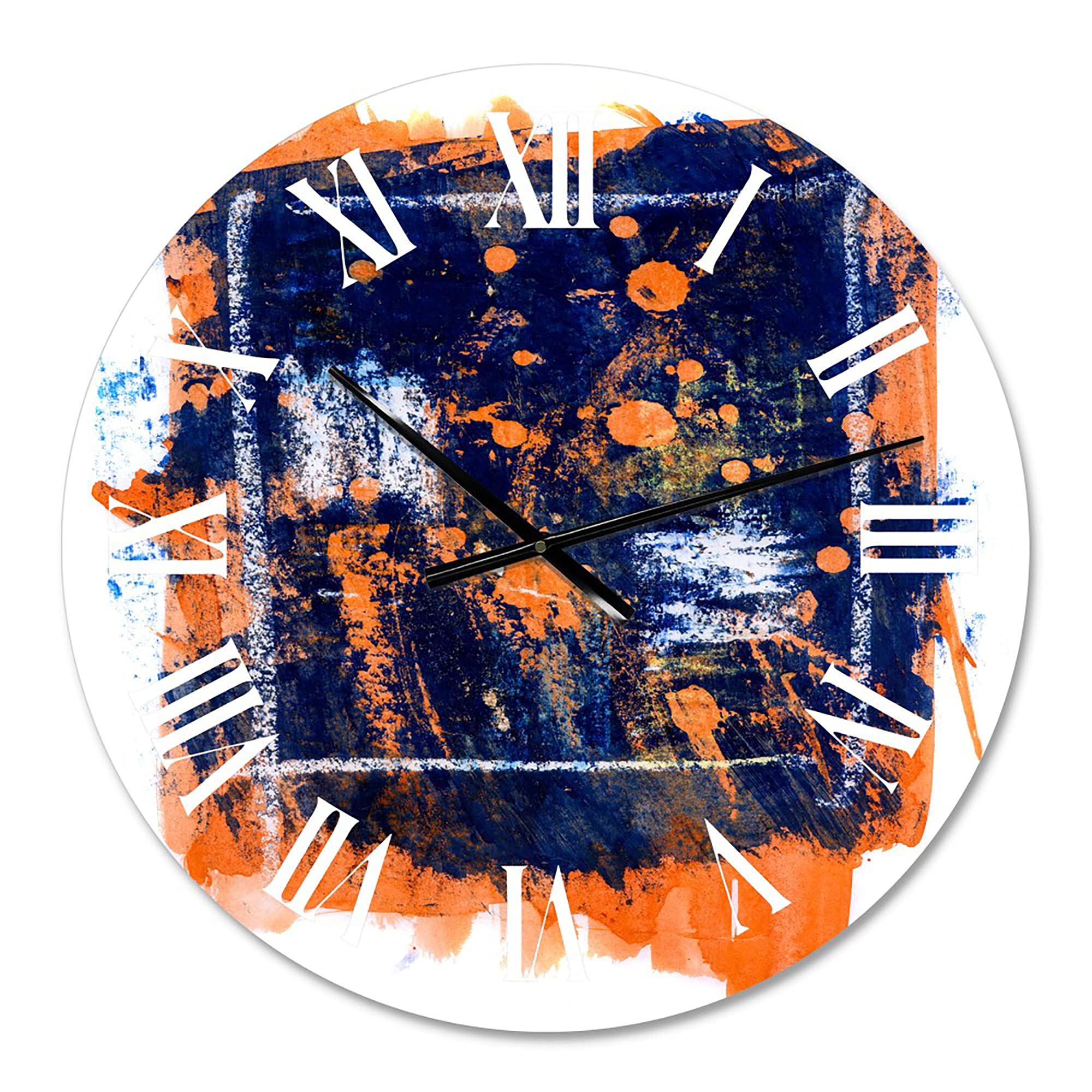 DesignQ Modern Abstract Wall Clock - Orange & Navy Blue Fractal Art, Large Decorative Clock for Bedroom, Living Room, Office | Silent Non-Ticking Home Decor