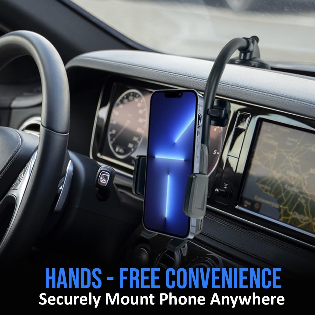 Long Neck Anti-Shake Car Phone Mount Holder - Universal Smartphone Stand for Windshield & Dashboard with Strong Suction Cup - Compatible with iPhone, Samsung, Google Pixel - Perfect for GPS Navigation & Hands-Free Driving