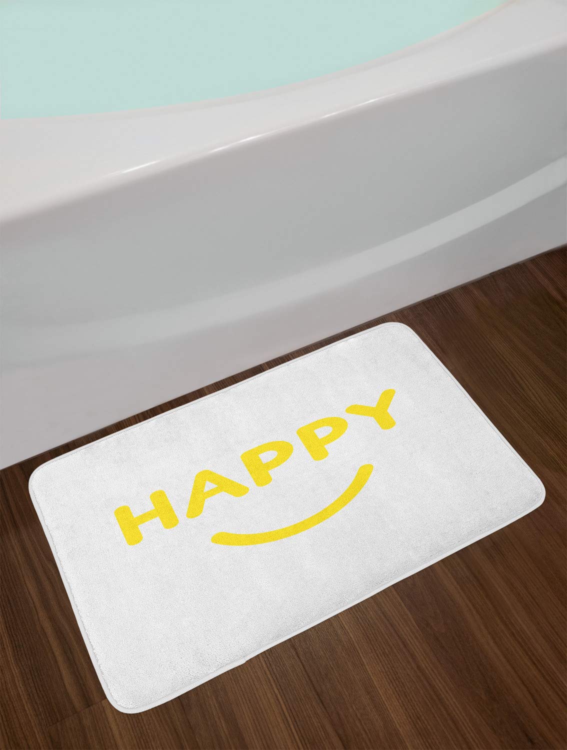 Ambesonne Non-Slip Plush Bath Mat - Happy Smiling Mouth Design in Yellow & White, 30.2