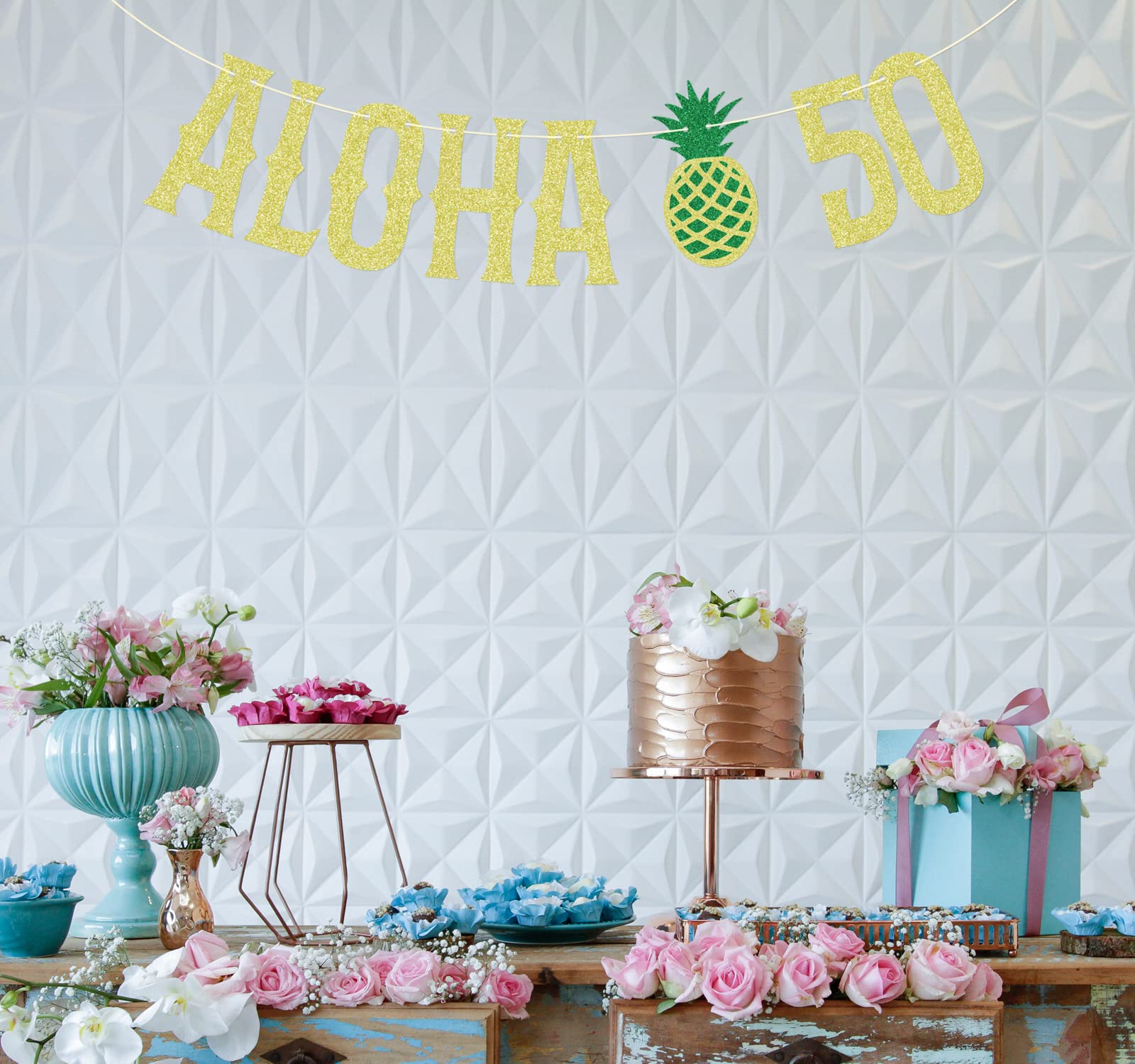 Aloha 50 Banner - Hawaiian Luau Party Decorations with Gold Glitter - Tropical Summer Beach & Pool Party Supplies - Perfect for 50th Birthday Celebrations, Themed Events & Hawaiian Luau Parties