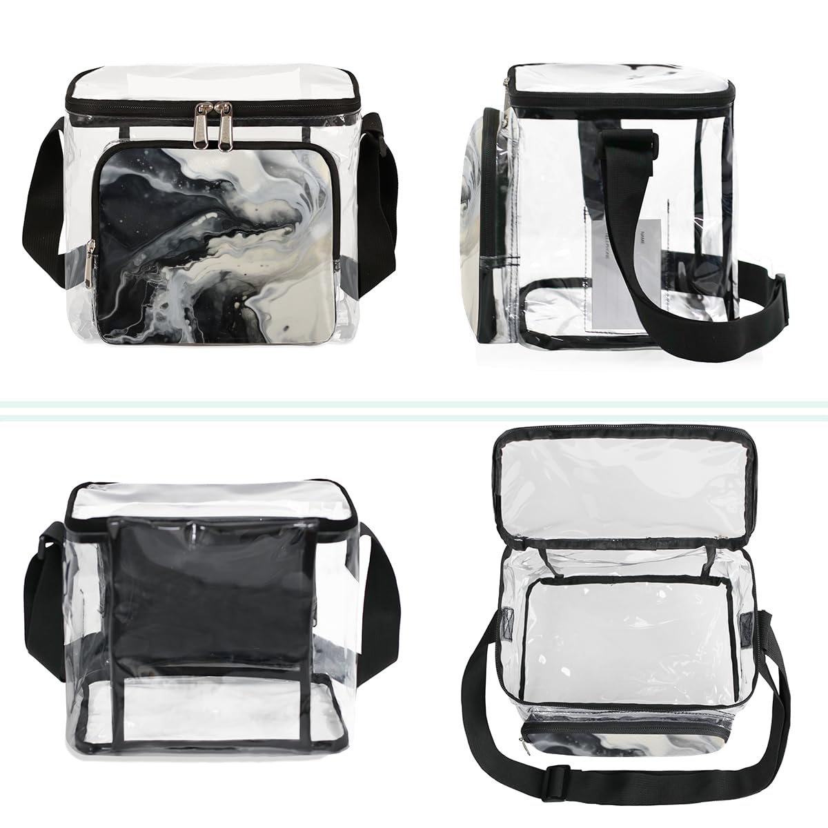 GzLeyigou Marble Print Clear Tote Bag with Handles - Black & White Marble Pattern Transparent Crossbody Shoulder Bag for Women | Perfect for Lunch, Outdoor Travel, Picnic, Concerts & Sports Events | Stadium Approved Multipurpose Purse