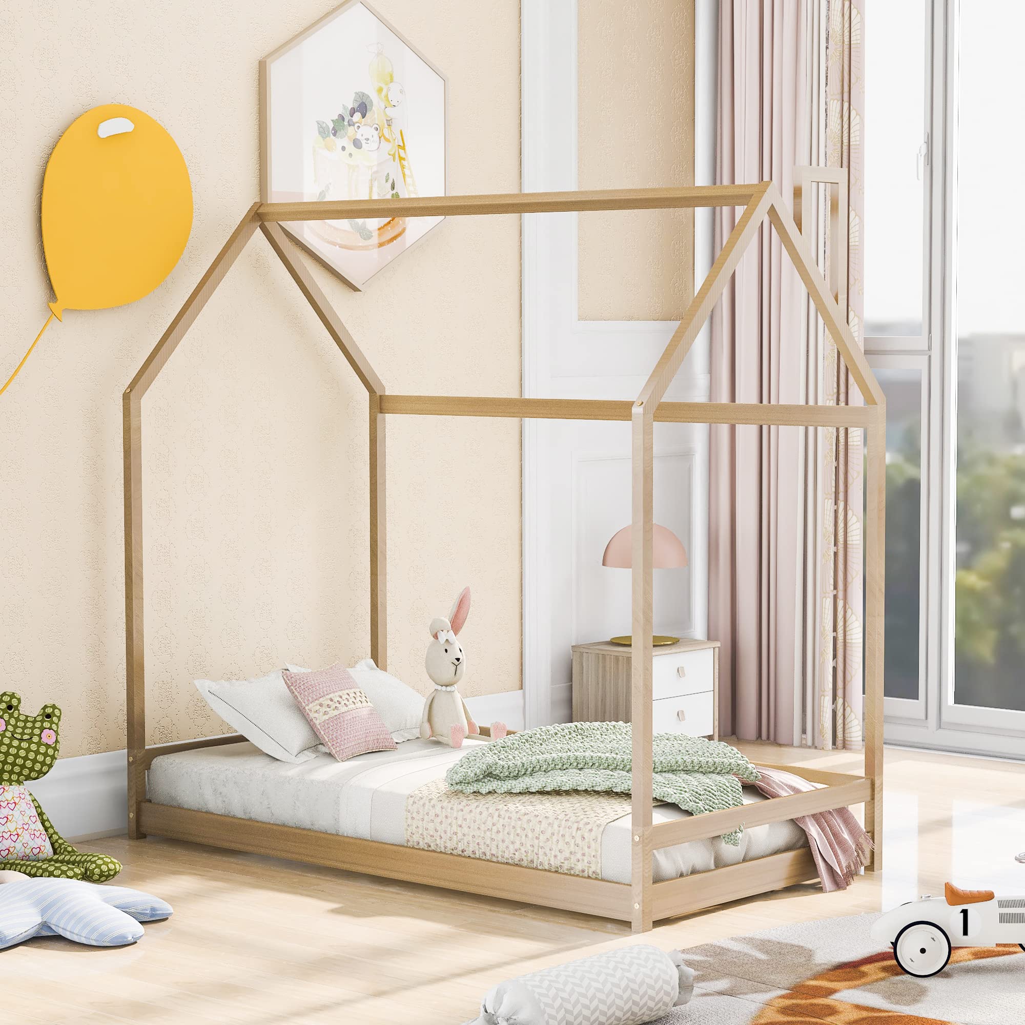 P PURLOVE Twin House Floor Bed Frame for Kids - Montessori Style Wooden Platform Bed with Roof - No Slats Needed - Natural Wood Finish - Perfect for Toddler Rooms, Playrooms & Montessori Bedrooms