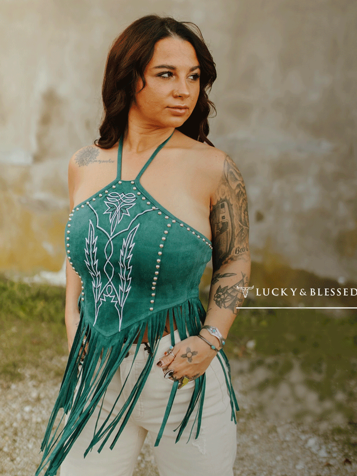 Lucky & Blessed TO844 Women's Suede Halter Fringed Top - Jade Green Boho Chic Vest for Festivals & Parties