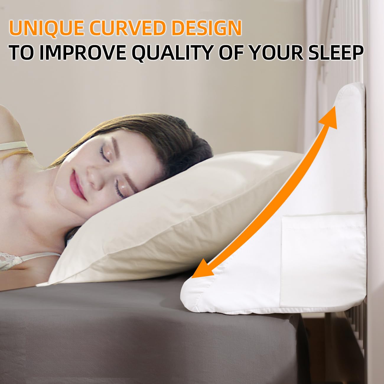 USlixury Adjustable 2-in-1 Headboard Pillow Queen Size - CertiPUR-US Foam Bed Gap Filler for Different Size Gaps, Firm Wedge Pillow with Curved Design & Side Pockets - Perfect for Reading, Watching TV, or Preventing Items from Falling Behind Bed