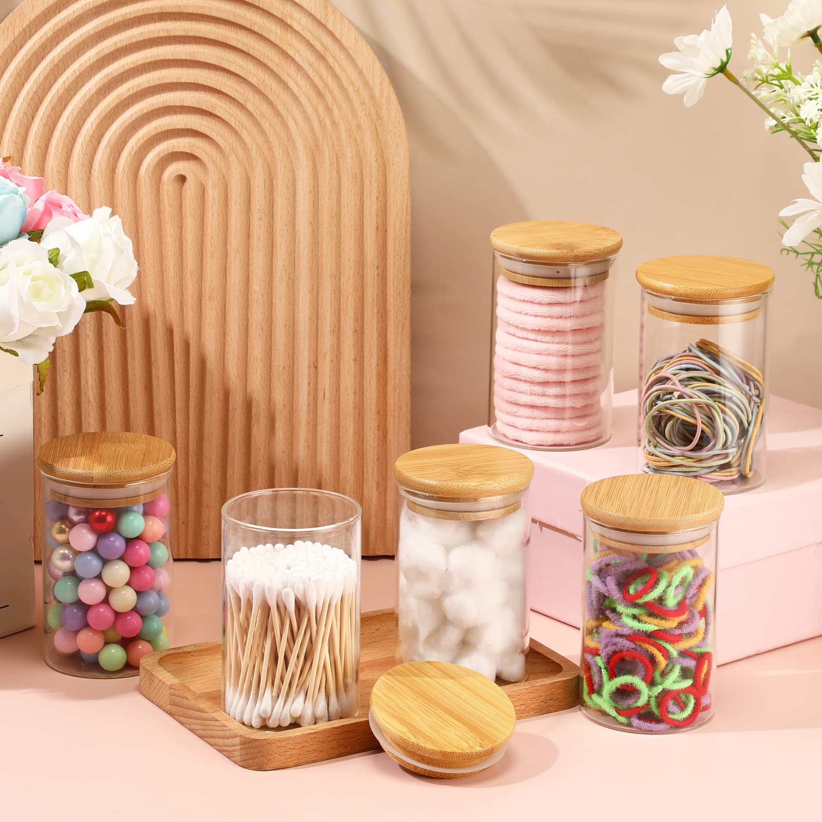 Irenare 6-Pack Glass Apothecary Jars with Lids - Bamboo Bathroom Organizer for Cotton Balls, Pads & Swabs - Elegant Vanity Storage Canisters for Bathroom Countertop & Home Decor